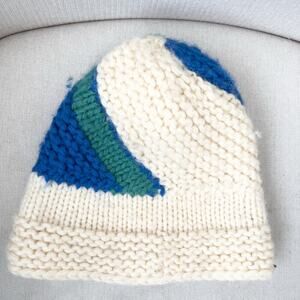 Bogner Beanie Hat Chunky Knit Retro Vintage Ivory Blue Green Germany Ski Winter
